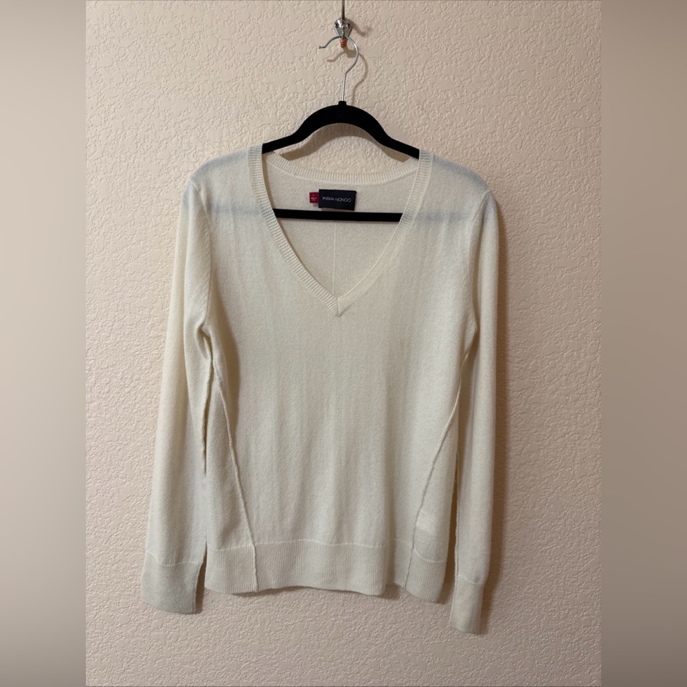Misha Nonoo Cashmere Sweater Top Ivory Size L V-neck Classic Quiet Luxury Career